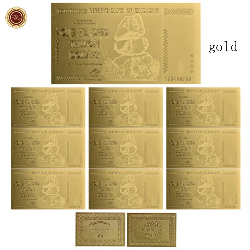 10pcs Gold Z100 Zimbabwe$ Z100 триллион/100 кинтриллион/5 октиллион/100 декальон долларовые банкноты из золотой фольги реплики банкнот Бумажные деньги бизнес подарок - Цвет: 10pcs Gold Z100