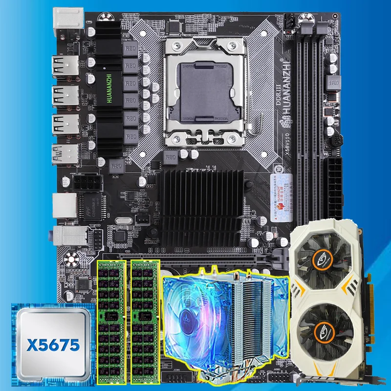 Kaufen HUANANZHI X58 LGA1366 Motherboard Combo Xeon CPU X5675 3,06 GHz Mit Kühler RAM 8G(2*4G) REG ECC Video Karte GTX750Ti 2G PC Teile