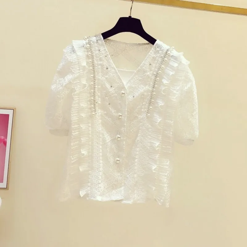 

White Pink Lace Shirt Women 2020 Summer New Beaded V-neck Lace Shirt All-match Loose Cutout Lace Blouse Blusas Mujer