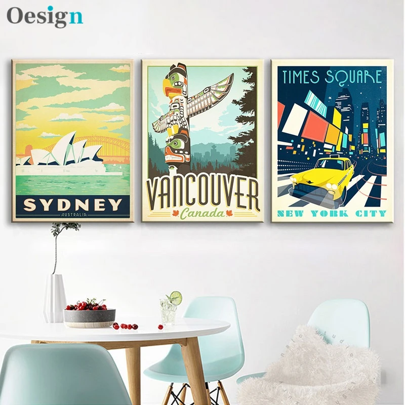 

Retro cartaz de viagem do vintage posters paisagem urbana nova iorque sydney quadros da lona parede para sala estar decoração ma