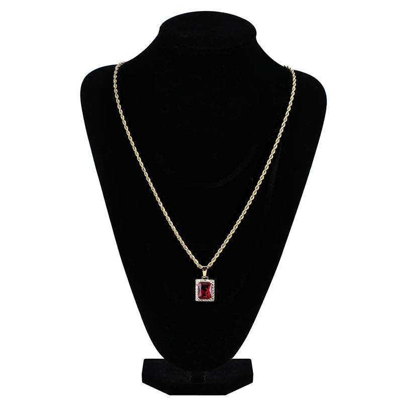 

Hip Hop Micro Paved AAA+ Cubic Zirconia Iced Out Bling Red Stone Square Pendants Necklace for Men Jewelry Gold Silver Color