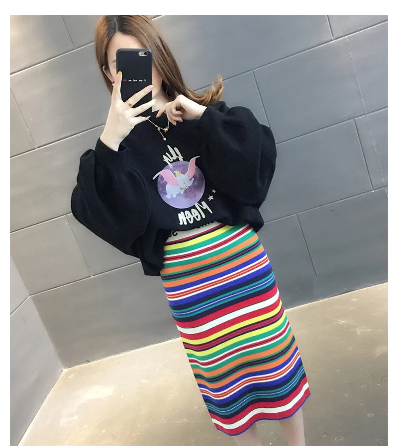 

Fashion Autumn Winter stripe knitting Skirt Rainbow high waist Hip Slim fit ladies Skirt Elegant temperament Comfortable Skirt