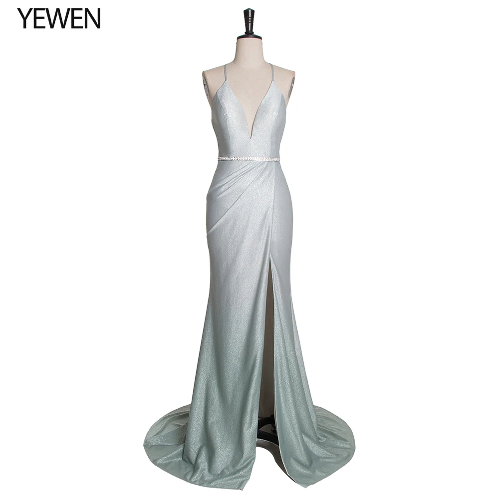 Градиент Ruched Глубокий v-образный вырез Формальные платья синий блесток