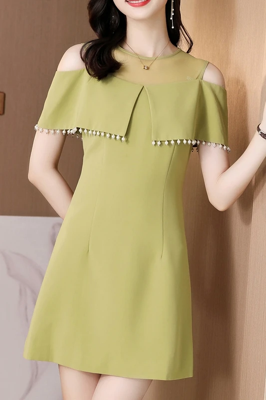 

COIGARSAM Fashion Women dress New Summer Beading High Waist Dresses 6608