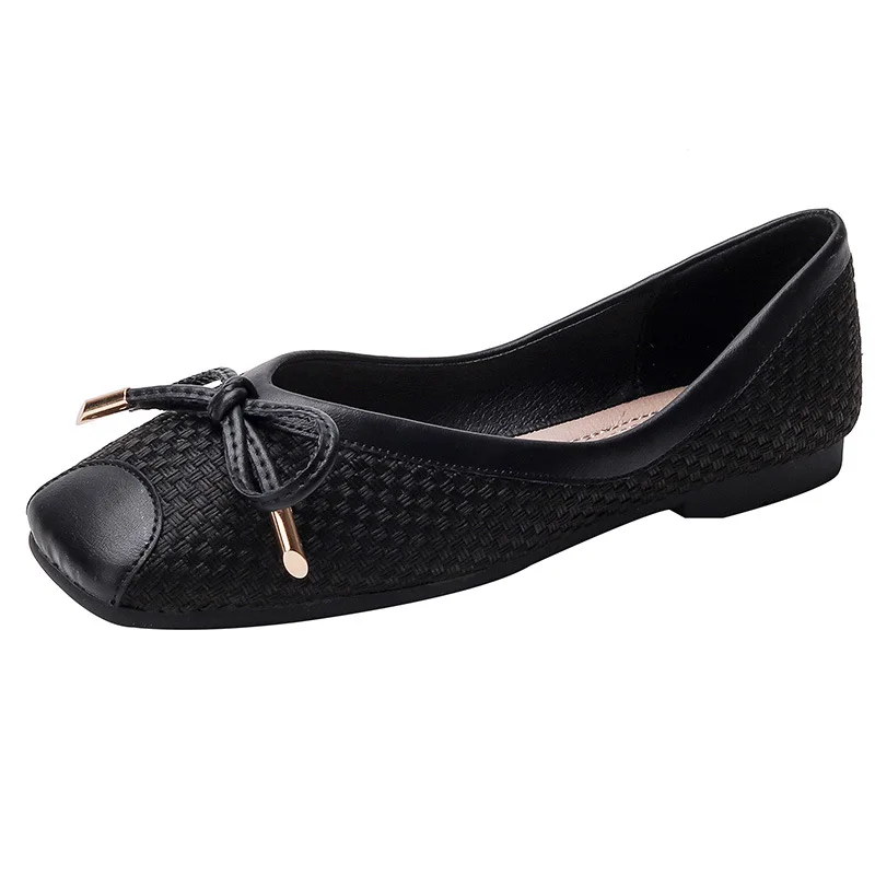 

Women Flats Shoes Woman Shallow Single Shoes Slip On Loafers Ballerina Shoe Casual Square Toe Large Size Weave Bow Zapatos Mujer