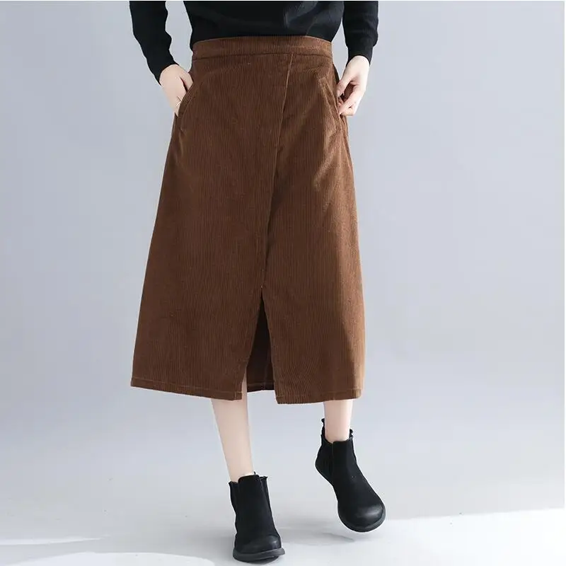 Осенне зимние женские длинные вельветовые юбки с высокой талией однотонные