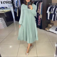 vonda women ruffled party dress 2022 autumn long sleeve solid color midi dresses casual o neck sundress oversized pleated robes