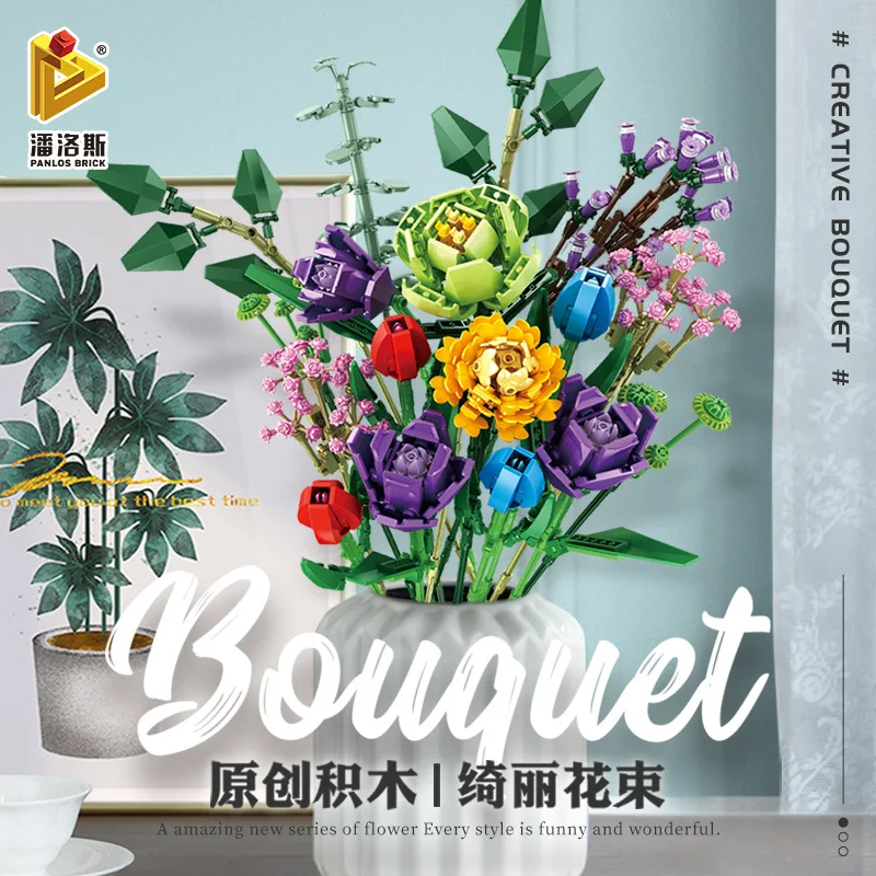 

Creator Colorful Flowers Bouquet Building Blocks Moc Romantic Rose Flower Bricks Home Decoration DIY Toys for Girls Children