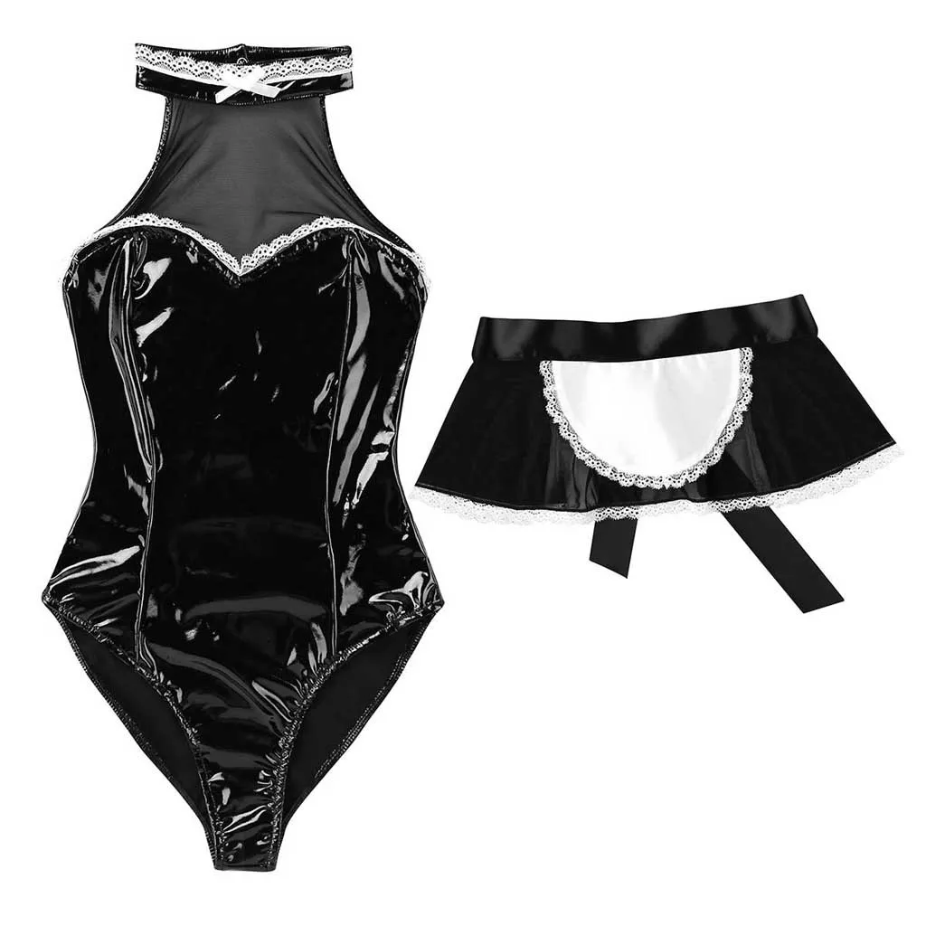 

Sexy Lingerie Maid Outfits Women Cosplay Sleepwear Leather Strapless Backless Skirt Female Plus Size Nightwear Erotic Costume