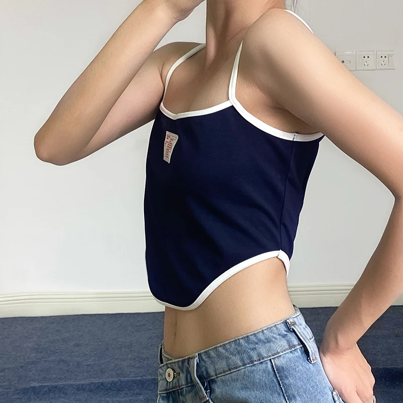 

Rapcoptor Y2K Patchwork Crop Top Spaghetti Strap Female Tank Top Summer Casaul Streetwear Tees Retro Cute Blue Letter Outfits