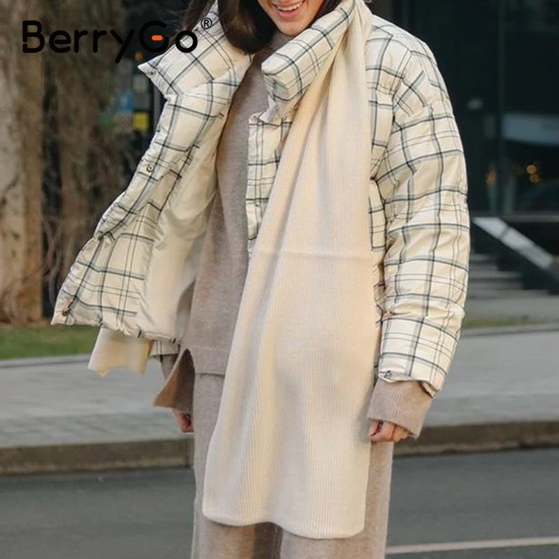 

BerryGo Causal white plaid autumn winter women parkas Warm turtleneck long sleeve female jacket High street fashion parkas