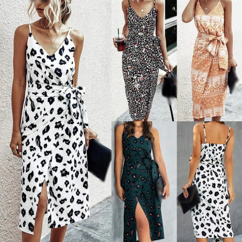 

Summer Vintage Print Sexy Backless Strap Dress Woman Long Casual Sundress White Dresses 2021 Elegant Belt Print Dress For Women