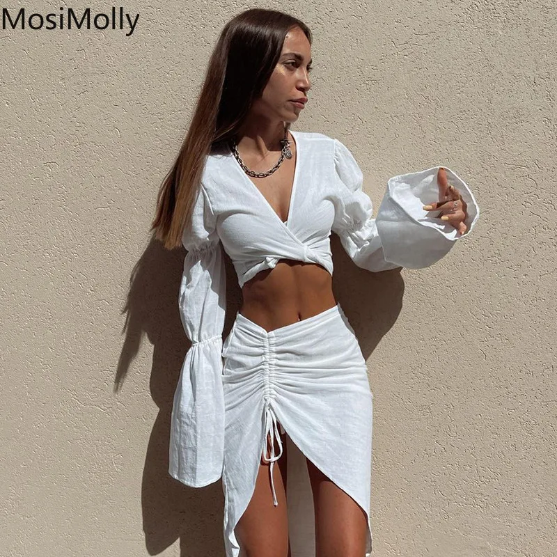 

MosiMolly 2021 AW Two Pcs Set Dress Women Puff Sleeve Ruffle Dress Women Boho Beach Dress Mini Dress