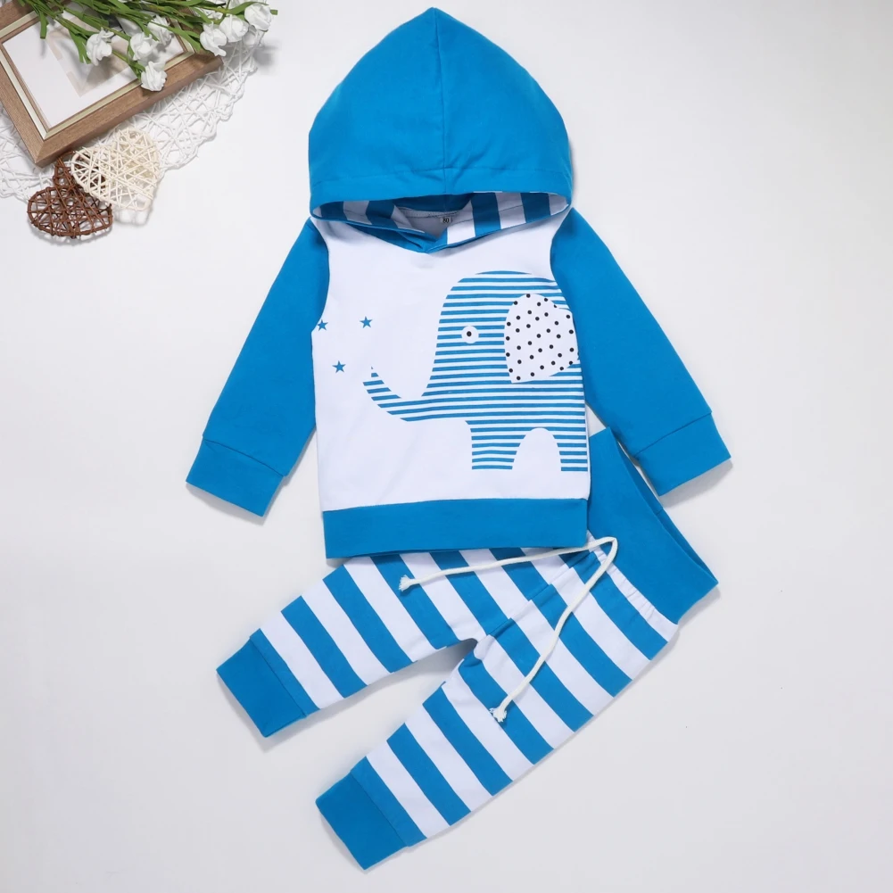 

Spring Autumn Baby Boy Sweatshirt Set Two-Piece Suit Infant Kids Outfits Elephant Print Hooded Top + Striped Trousers