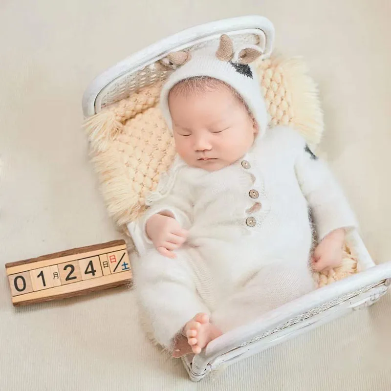 Newborn Photography Accessories Rope Wooden Swing Baby Photo Props Outfit Clothes Boy Mohair Knitted Bodysuit Hat Cow Doll Set