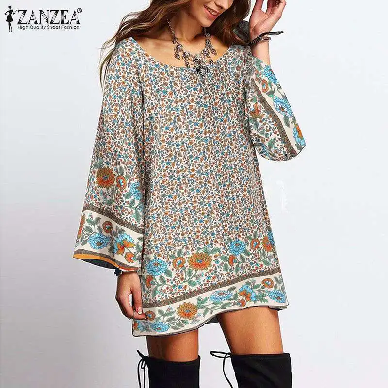 

ZANZEA Bohemian Printed Mini Dress Women Casual O Neck Floral Sundress Summer Long Flare Sleeve Kaftan A-Line Loose Kaftan Robe
