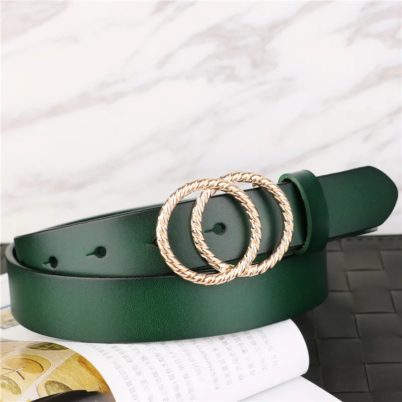 Women Belt Cool Ins European and American-Style Decorative Leather Double Loop Buckle Fashion Wild with A Skirt Belt Green