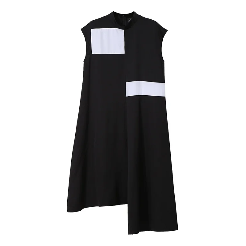 

2021 women's summer new hot style black and white color matching stand-up collar short-sleeved dress irregular skirt