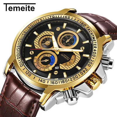 Мужские часы TEMEITE модный бренд кварцевые многофункциональные с календарем