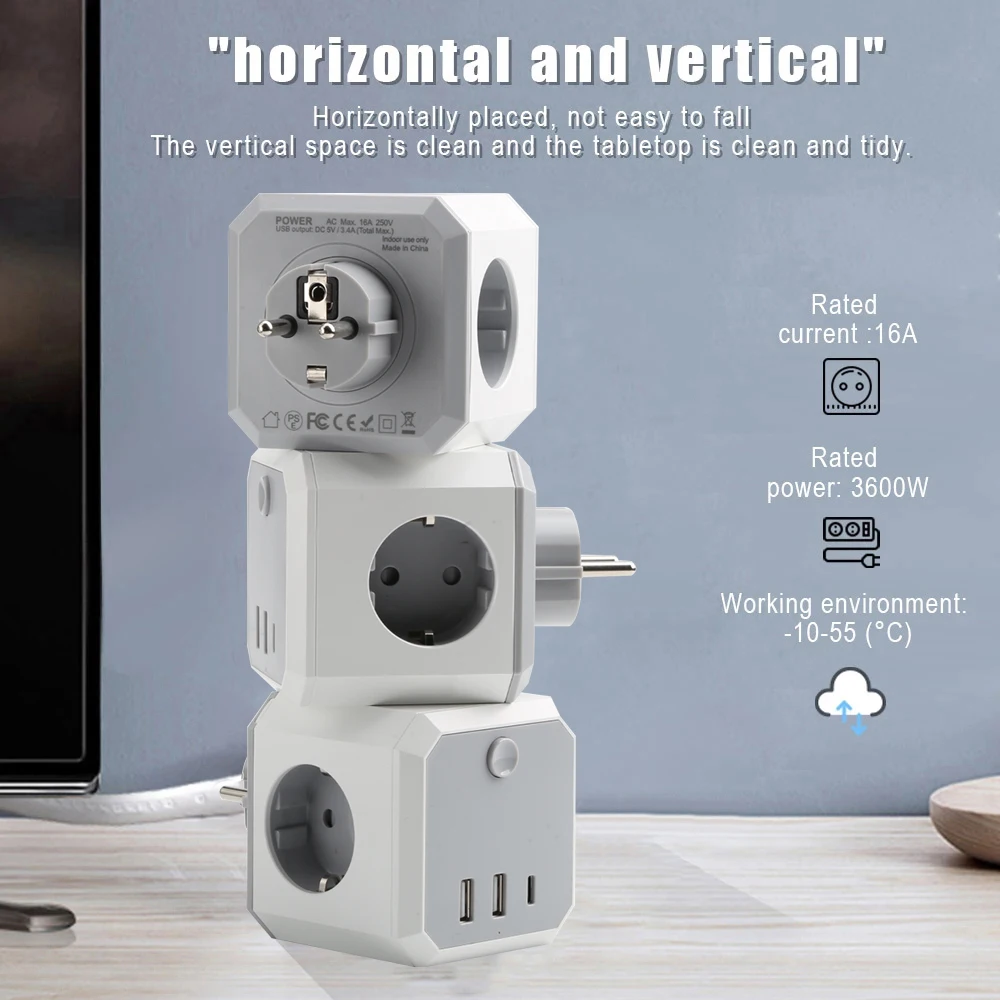 16A EU Plug Power Strip with Switch On/Off 1 TO 4 AC Outlets 3 USB Charging Ports Portable Multi Socket Adapter |