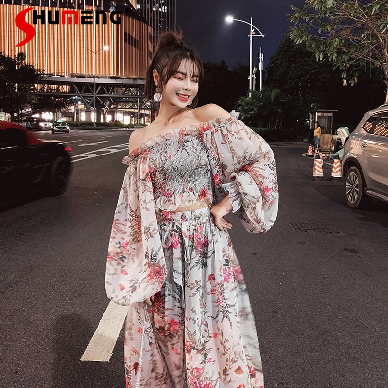 

Fashion O-Neck Long Sleeve Floral Printing Short Women Clothing 2021 Spring Casual Long Wide Leg Pant Two-Piece Suit Female