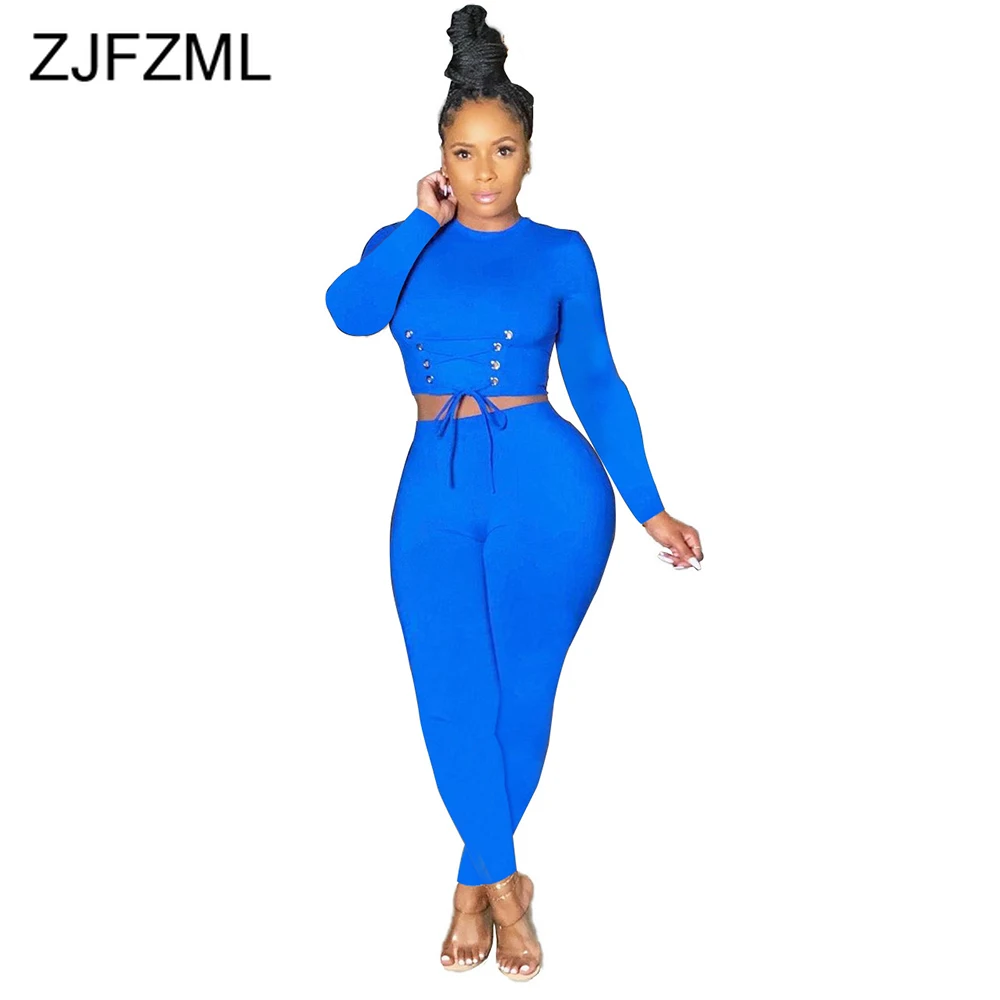 

Cross Lace Up Fitness Two Piece Set Tracksuit for Women Long Sleeve Workout Bandage Crop Top and Tight Legging Loungewear Suits