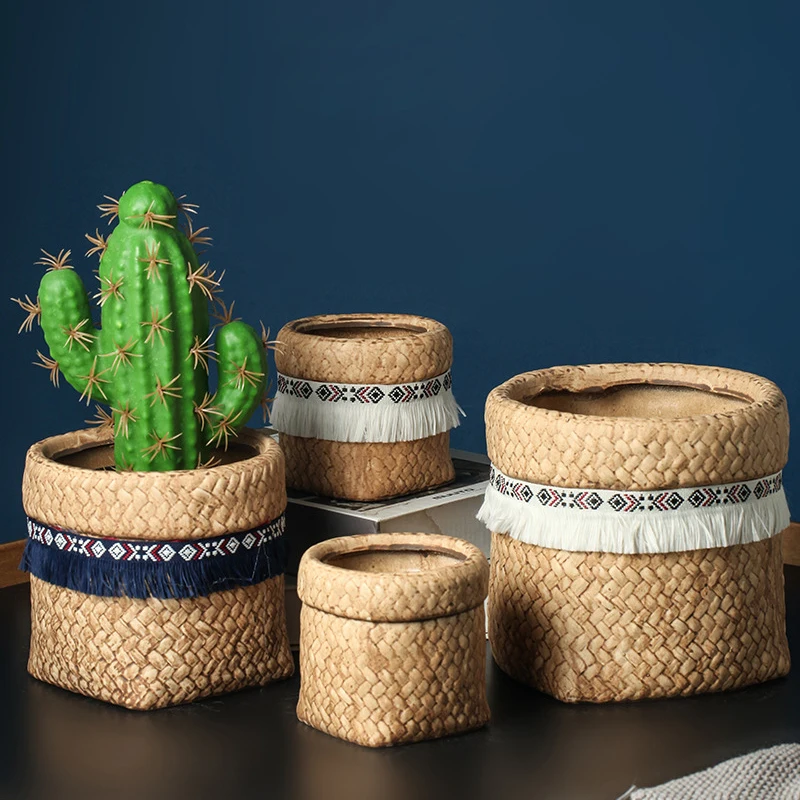 

Nordic Imitation Basket Woven Ceramic Flowerpot Ethnic Simple Green Plantted Round Basin Desktop Storage Home Creative Gardening