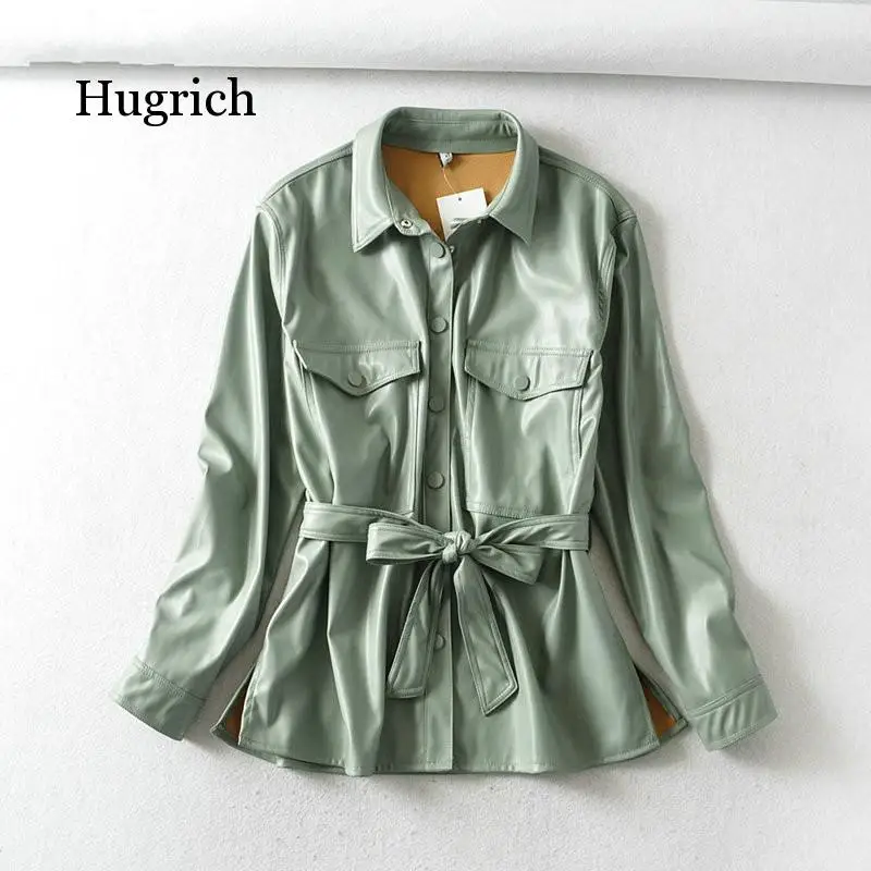 

Women Light Green Faux Leather Jacket Coat with Beltladies Long Sleeve Loose Oversize Boy Friend Coat