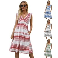 bohemian dress stripe v neck sleeveless ruffles elegant women cupcake dress vacation beachwear