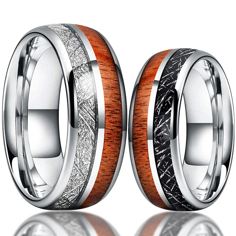 

Simple Silvery Tungsten Carbide Rings for Men Women Wedding Band Polished Shiny Meteorite Wood Inlay Comfort Fit Fashion Ring