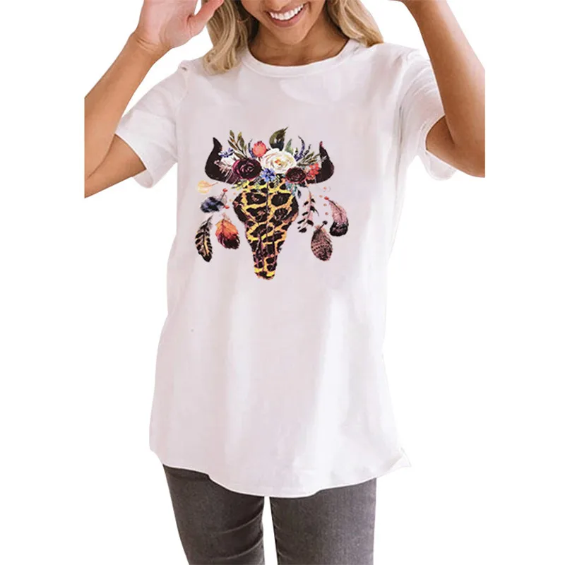 Женская футболка Boho Leopard Bull Skull Hippie забавный Топ летняя с буквенным принтом