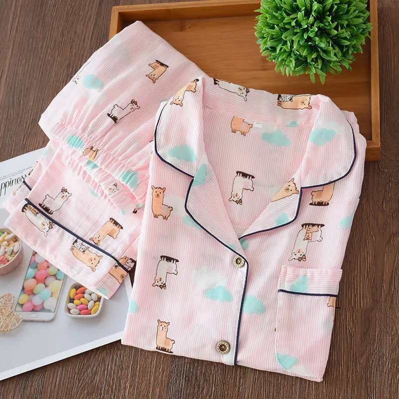 Пижамный комплект Женский в японском стиле тонкая Домашняя одежда из хлопка и