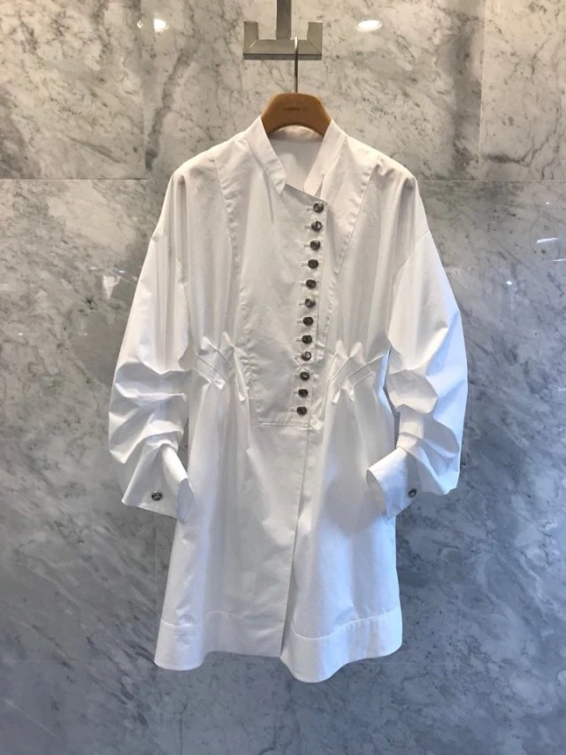 

SuperAen 2021 Autumn Winter New Pile Sleeve Waist Long Turn Down Collar Solid Casual Shirt Dress Women Simple Fashion Top