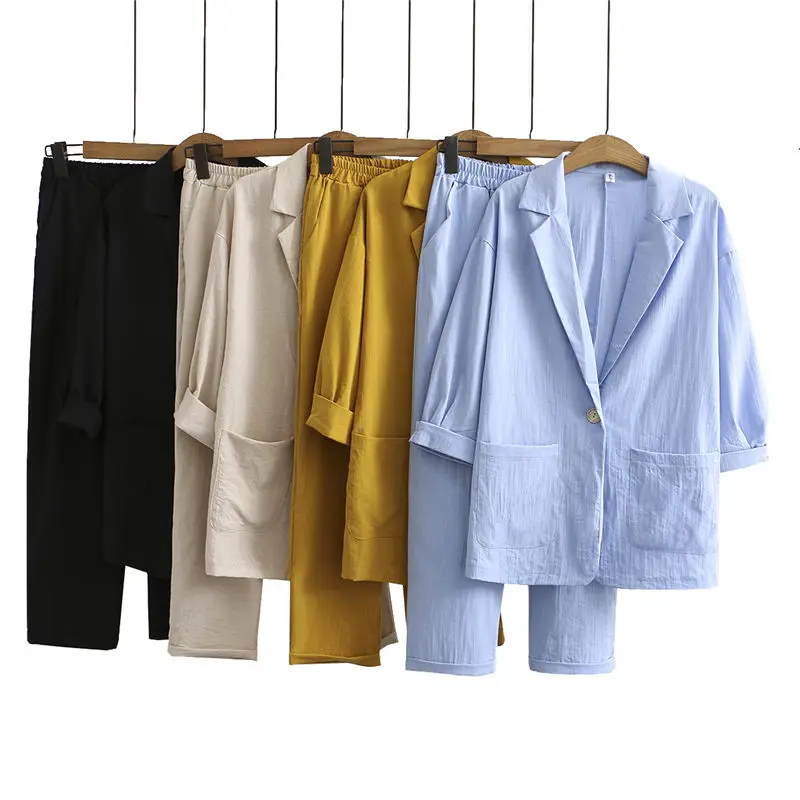 2021 Summer Korean Blazer Set New Large Size Ladies Fashion Suit Cotton And Linen Suit Jacket + Elastic Waist Harem Pants zh1135