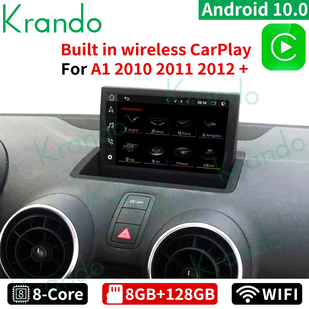 저렴한 Krando 안드로이드 10.0 8 인치 IPS 8G 128G 차량용 라디오 오디오 스테레오 GPS, 아우디 A1 2010-2018 용 멀티미디어 플립 스크린 무선 카플레이