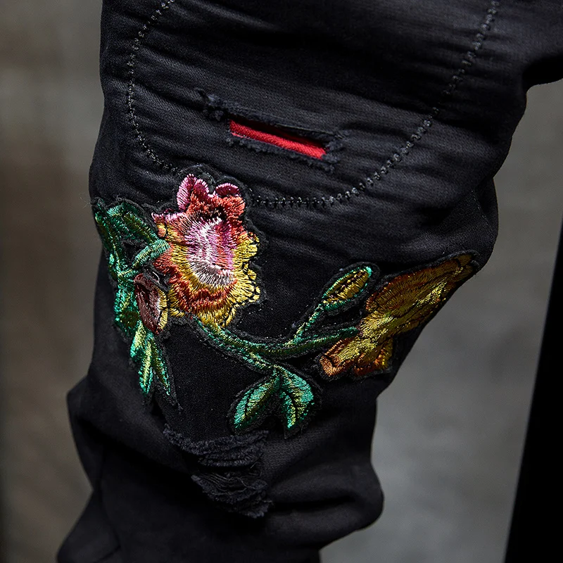 Erkek джинсы Pantolon Wind Phoenix с вышивкой мужские черные тонкие маленькие прямые