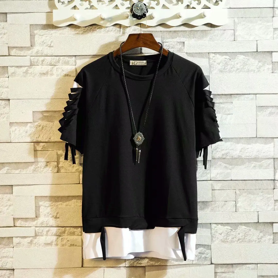 

Streetwear Men's T Shirt Black Summer Hip Hop Short-Sleeved T-shirt Non-Mainstream Men Long Loose Half-Sleeve Clothes Hollow Out