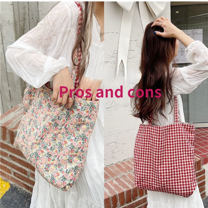 

Cotton Reversible Shoulder Bag Fashion Folding Women Big Handbag Tote Ladies Casual Flower Printing Canvas plaid shopper bag