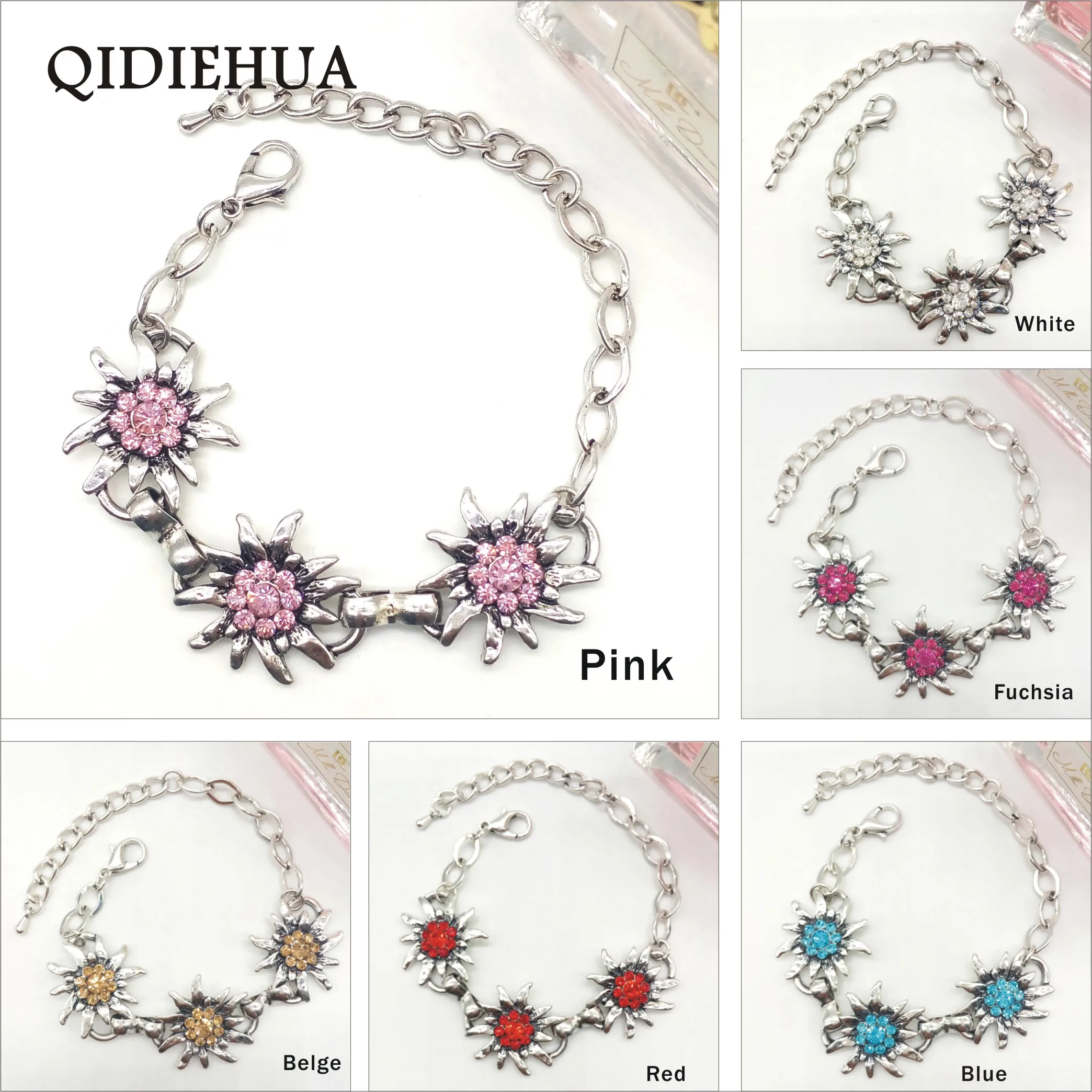 QIDIEHUA, античный серебряный Эдельвейс, браслеты, Октоберфест, очень популярный браслет, разноцветные стразы, очаровательный браслет для женщин