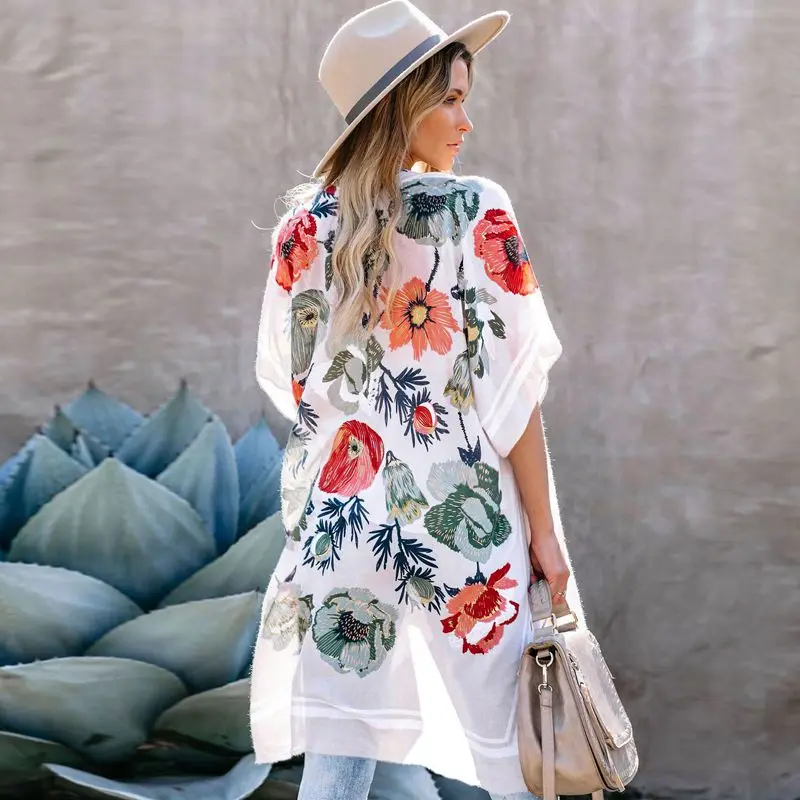 

Floral Chiffon Cardigans Casual Chic Flowy Light Plus Size XXL Batwing Women Top Black White Pink Kimono Blossom Blouse CoverUps