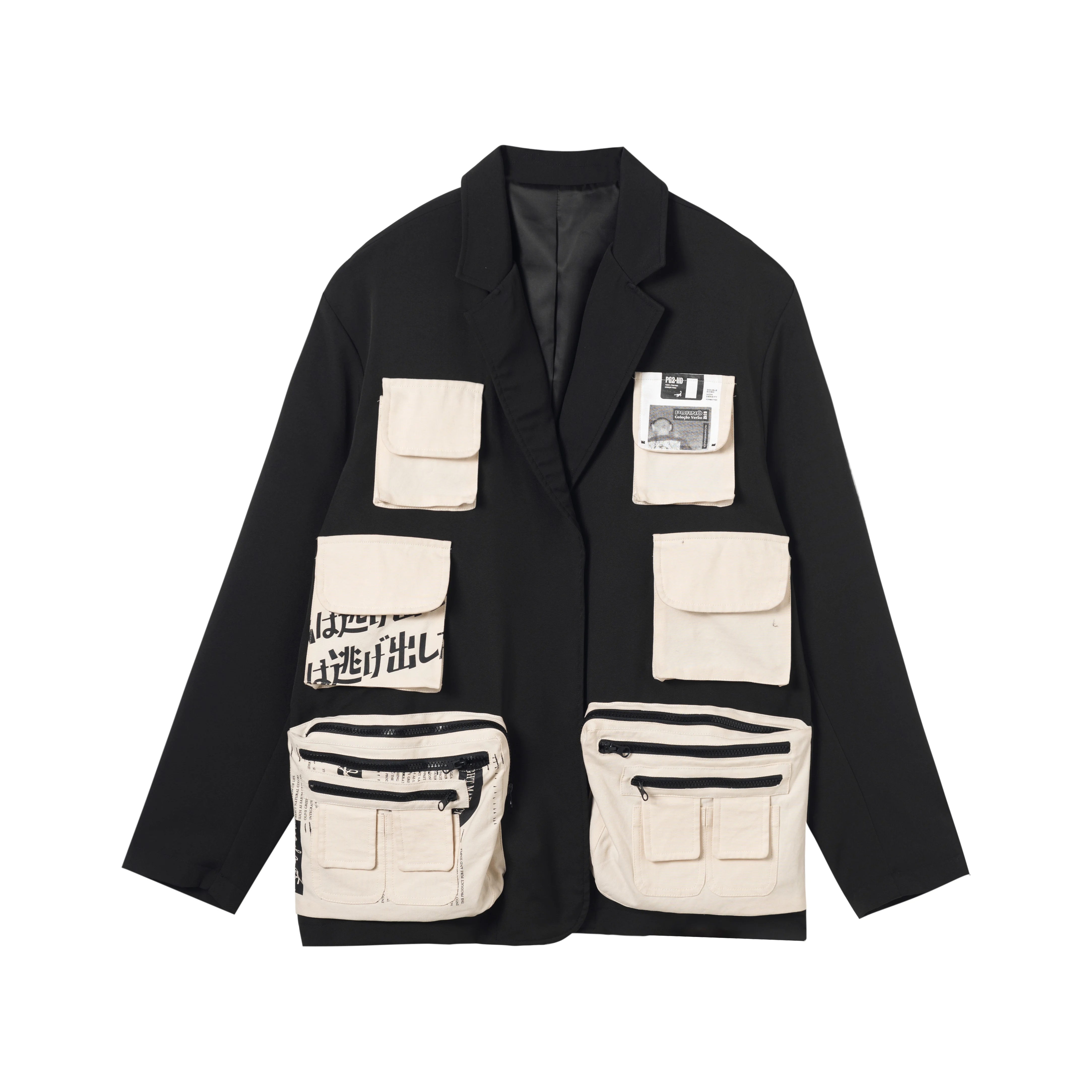 

Hip Hop Techwear Retro Patch Zipper Pockets Suits Japanese Print Jackets Coats Men Streetwear Casual Tactical Blazer Outerwear