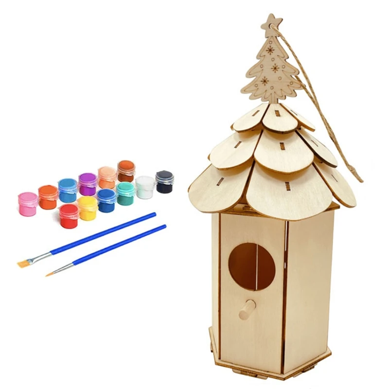 

Wooden Colorful Painted Ornament Set for Kids DIY Bird House Crafts Kits Handmade Painting Build Wood Paint Craft Children