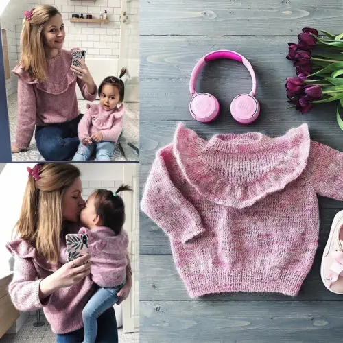 Новый осенний розовый вязаный свитер для маленьких девочек с рюшами теплый