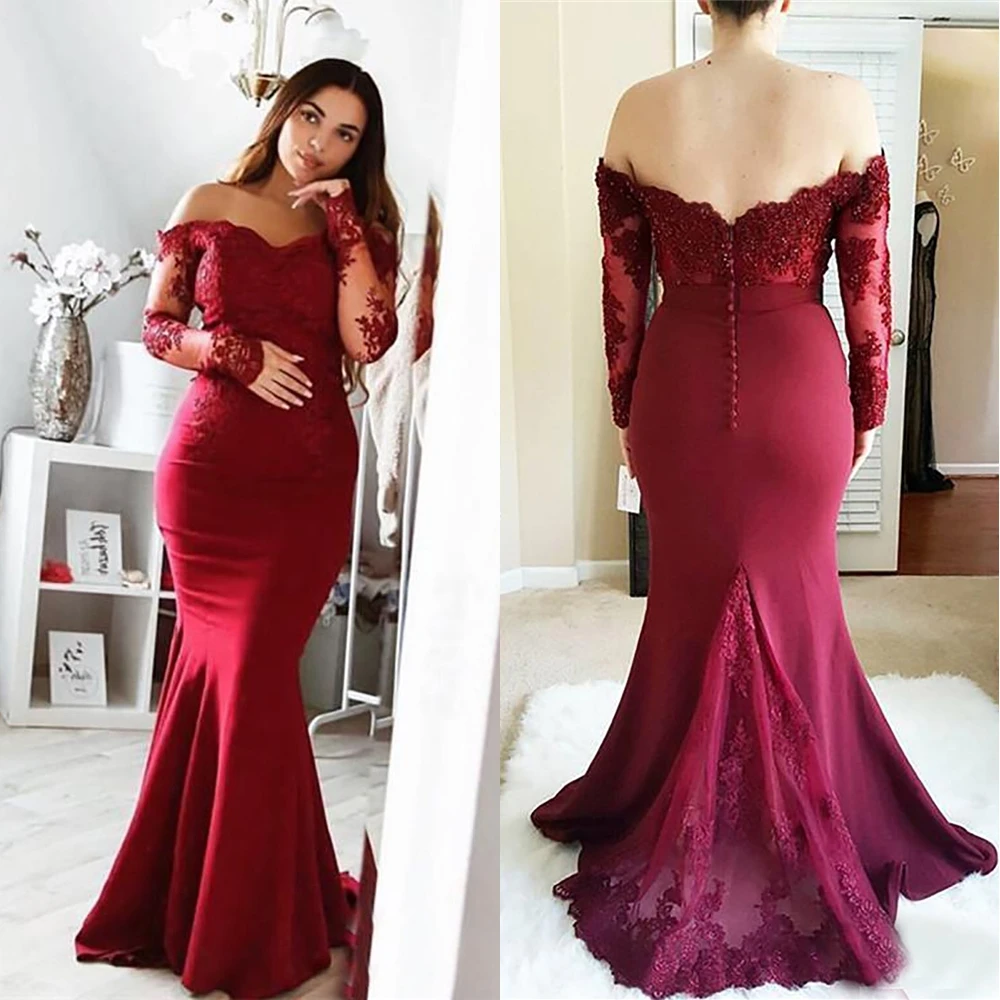 Аппликация размера плюс вечерние платья с длинным рукавом длиной до пола v