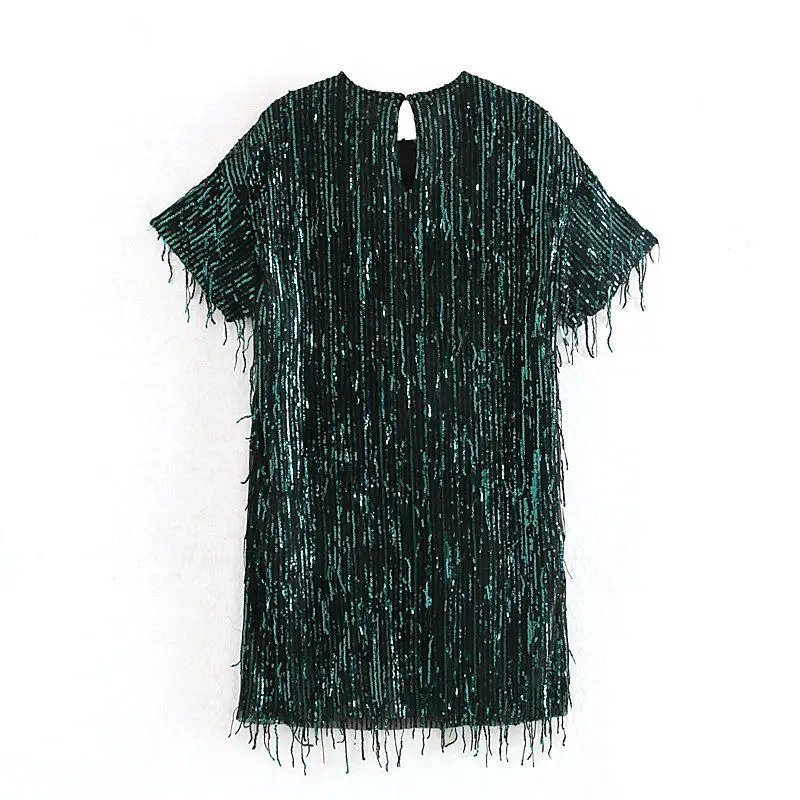 Женское модное тонкое черное зеленое платье с блестками круглым вырезом и
