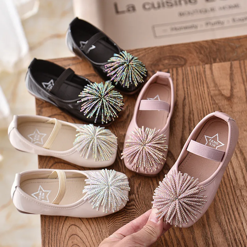 

Autumn Flat Shoes Girls Shoes Square Toe Rhinestone Tassel Fashion Soft Children's Leather Shoes