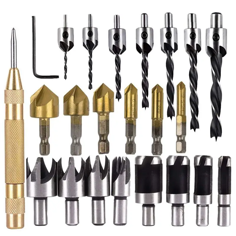 

8Pcs Wood Plug Cutter,6Pcs 1/4 Inch Hex 5 Flute 90 Degree Countersink Drill Bits,7Pcs Three Pointed Countersink Drill Bit With L