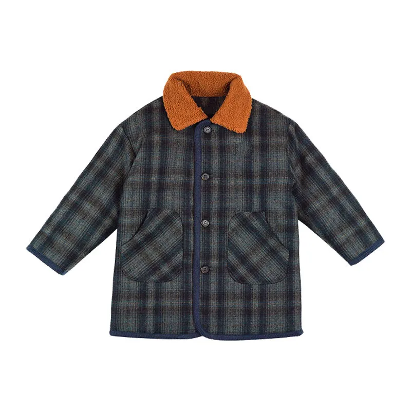 

Pre-sale 2020 Winter Children's Thick Lamb Plush Hooded Jacket Boys and Girls Baby Mid-length Plaid Coat