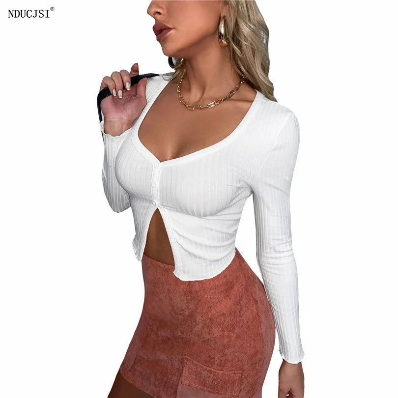 

Футболка NDUCJSI Женская трикотажная, клубный черный пикантный Топ в стиле Харадзюку, модный кроп-топ с разрезом, белая однотонная с длинным ру...