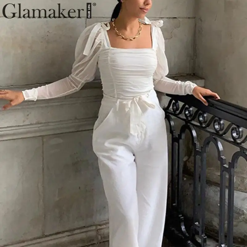 Glamaker, квадратный воротник, длинный Пышный рукав, белая блузка, Элегантный Бант, Офисная Женская блузка, Осень-зима, винтажная блузка